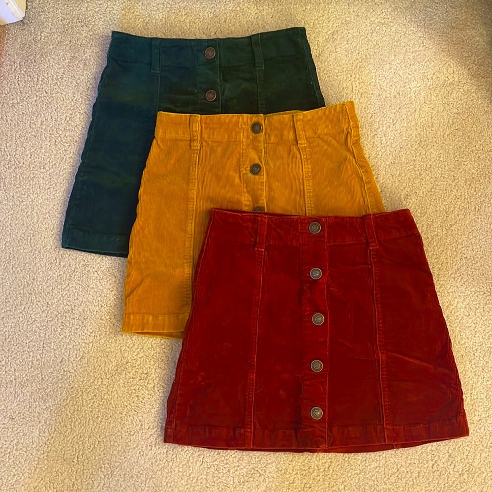 Deep Red, Mustard Yellow, and Evergreen Corduroy Button-Down Skirts